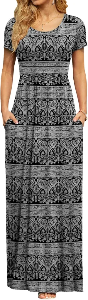 DB MOON Women's Short Sleeve Maxi Dresses Casual Empire Waist Long Dress with Pockets
