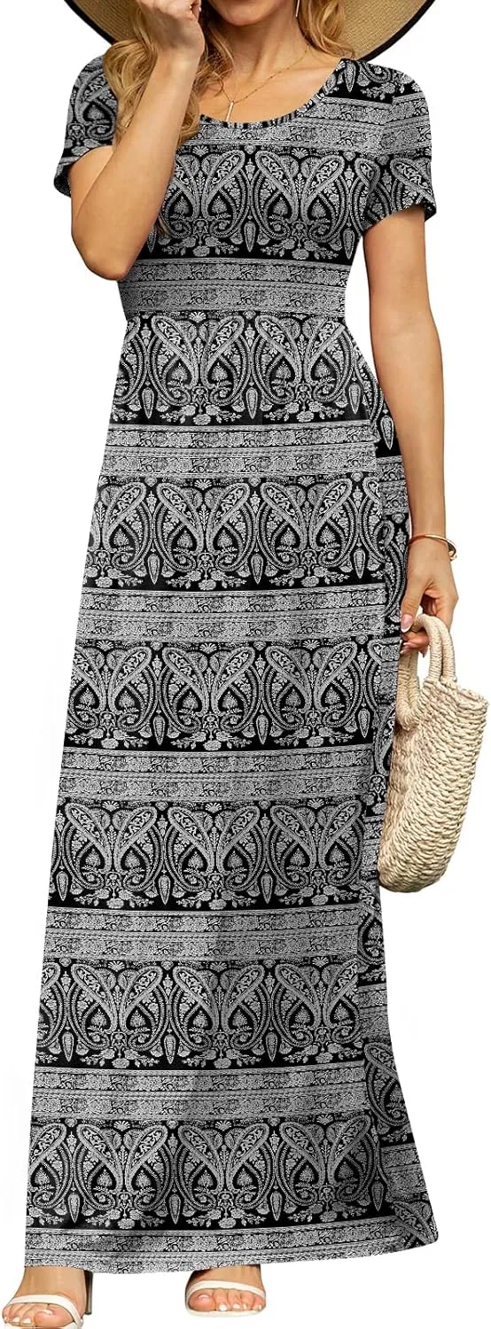 DB MOON Women's Short Sleeve Maxi Dresses Casual Empire Waist Long Dress with Pockets