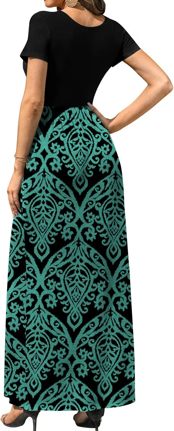 DB MOON Women's Short Sleeve Maxi Dresses Casual Empire Waist Long Dress with Pockets