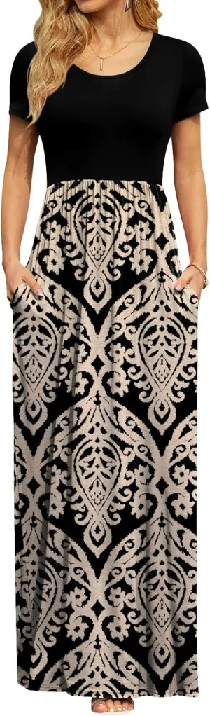 DB MOON Women's Short Sleeve Maxi Dresses Casual Empire Waist Long Dress with Pockets