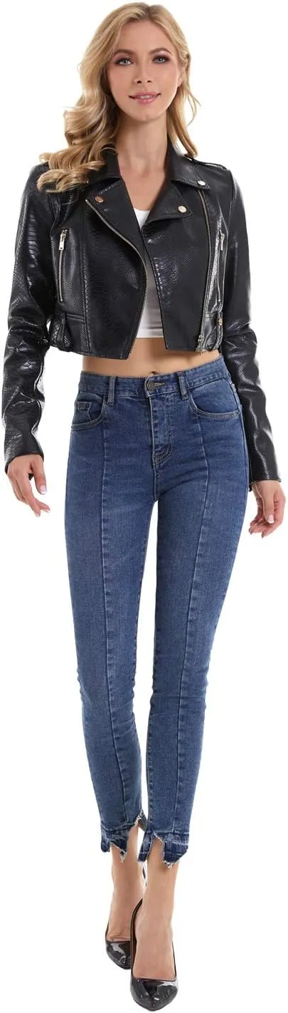 DIASHINY Faux Leather Jacket For Women Crop Short Cropped PU Slim Zip Up Moto Biker Coat Motorcycle Jackets