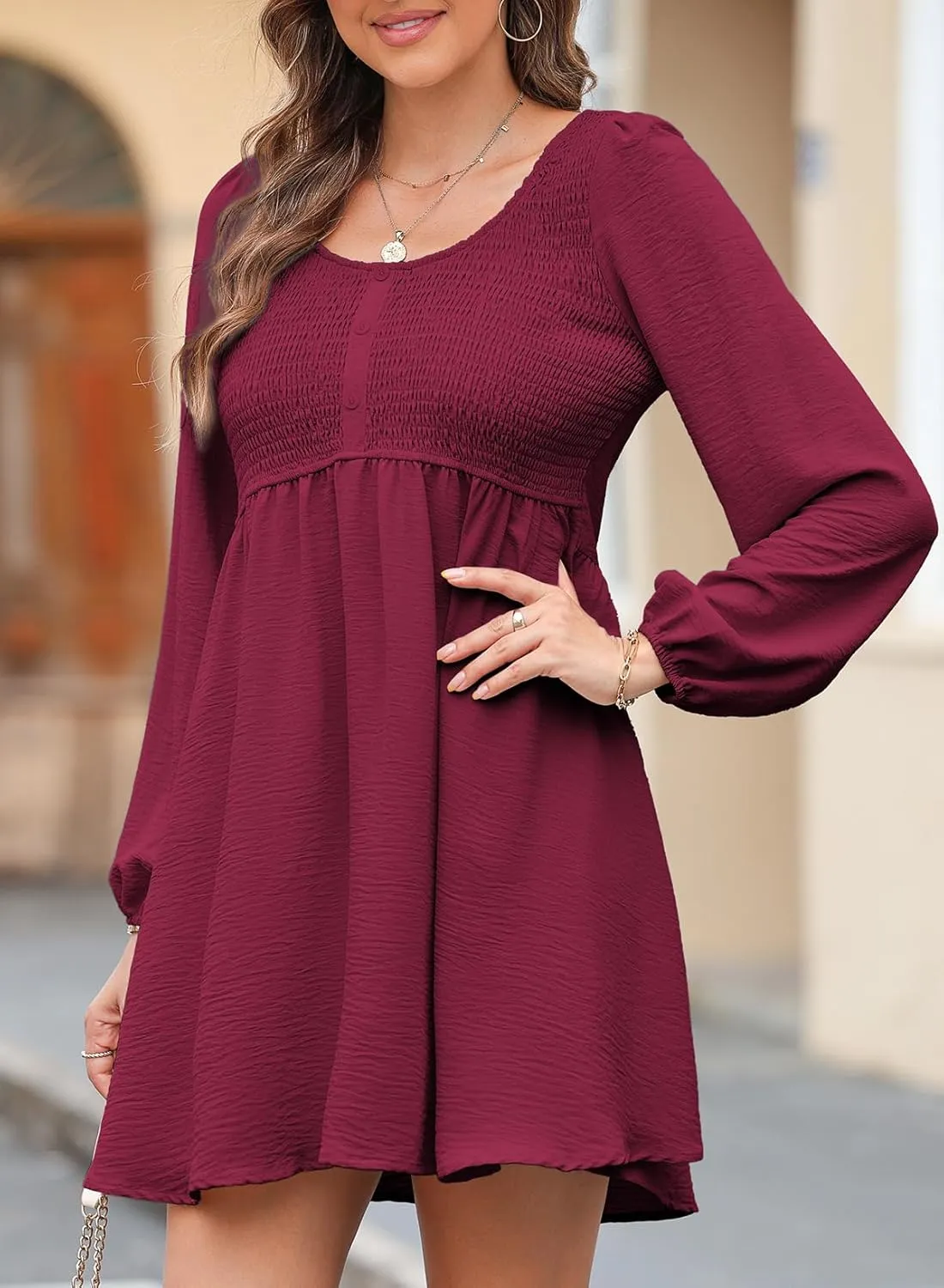 Dokotoo Womens 2025 Casual Dress Smocked Crewneck Button Up Long Sleeve Empire Waist A-Line Mini Dress