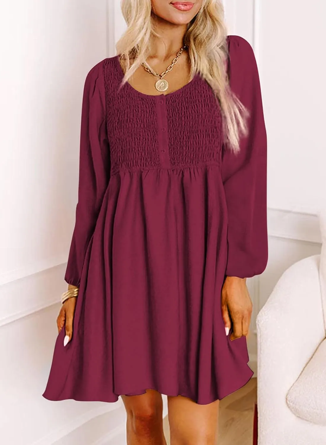 Dokotoo Womens 2025 Casual Dress Smocked Crewneck Button Up Long Sleeve Empire Waist A-Line Mini Dress