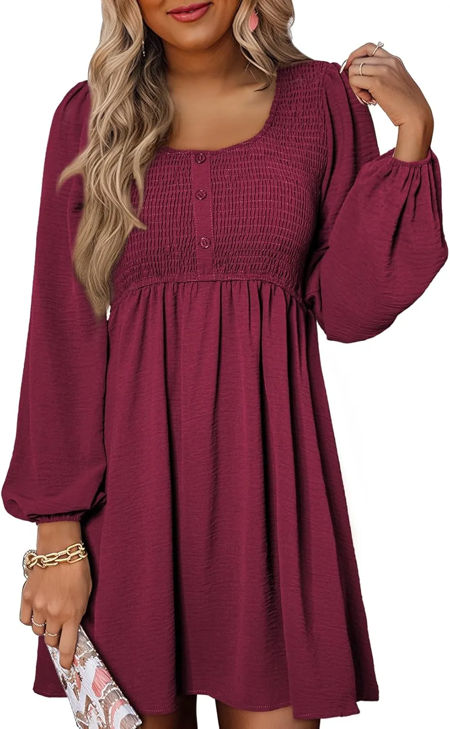 Dokotoo Womens 2025 Casual Dress Smocked Crewneck Button Up Long Sleeve Empire Waist A-Line Mini Dress