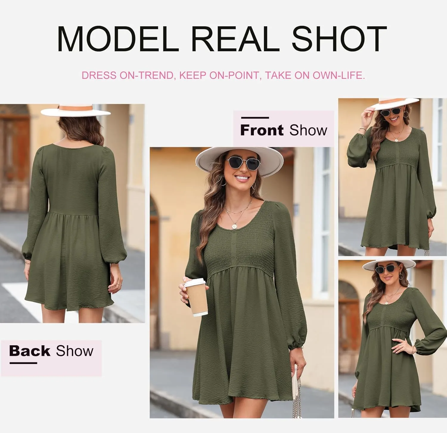 Dokotoo Womens 2025 Casual Dress Smocked Crewneck Button Up Long Sleeve Empire Waist A-Line Mini Dress