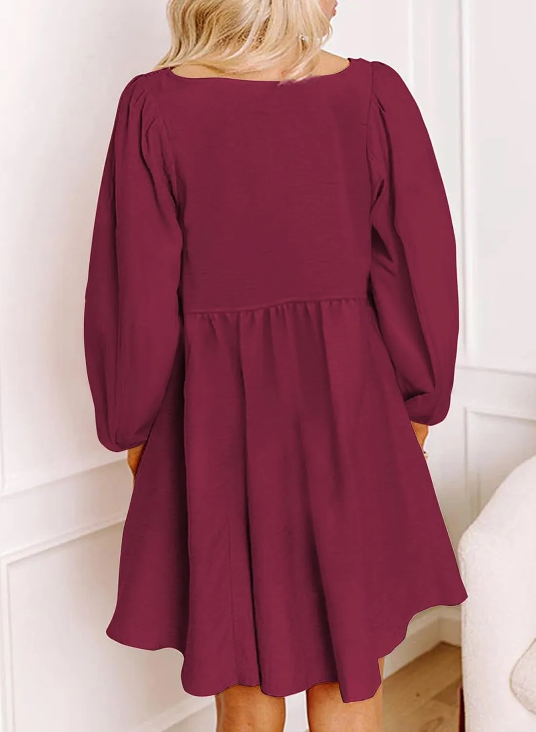 Dokotoo Womens 2025 Casual Dress Smocked Crewneck Button Up Long Sleeve Empire Waist A-Line Mini Dress