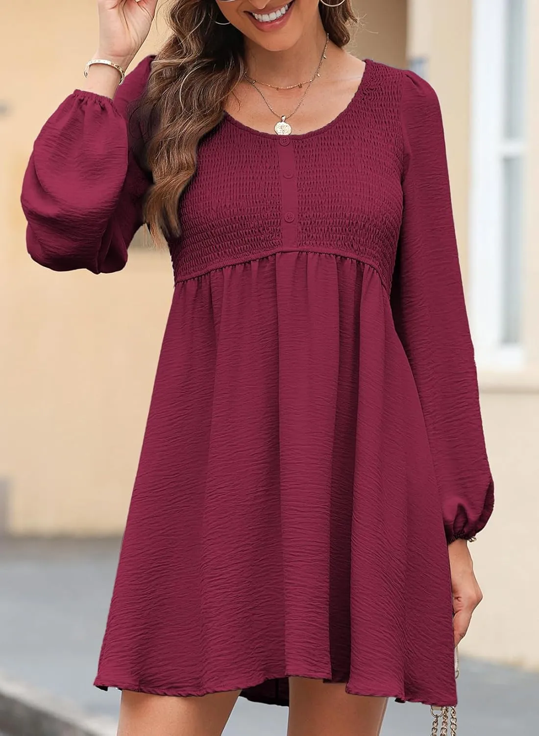 Dokotoo Womens 2025 Casual Dress Smocked Crewneck Button Up Long Sleeve Empire Waist A-Line Mini Dress