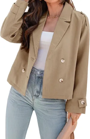 Dokotoo Womens Cropped Trench Coats Double Breasted Blazer Long Sleeve Lapel Casual Jackets Outerwear with Pockets