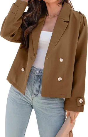Dokotoo Womens Cropped Trench Coats Double Breasted Blazer Long Sleeve Lapel Casual Jackets Outerwear with Pockets