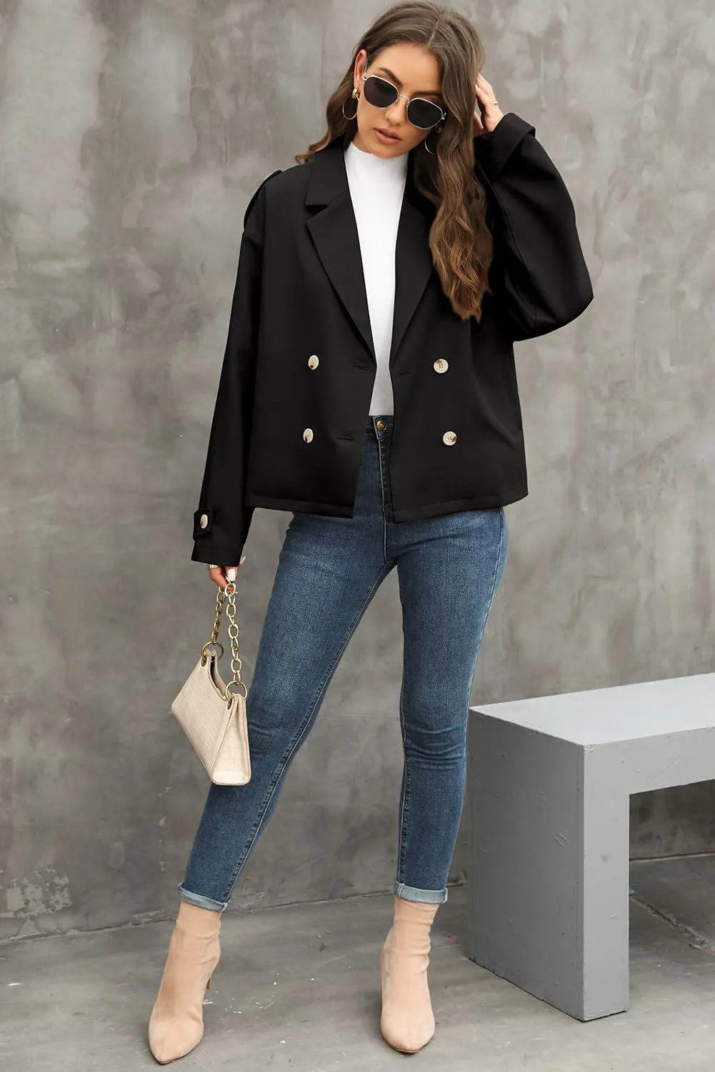 Dokotoo Womens Cropped Trench Coats Double Breasted Blazer Long Sleeve Lapel Casual Jackets Outerwear with Pockets