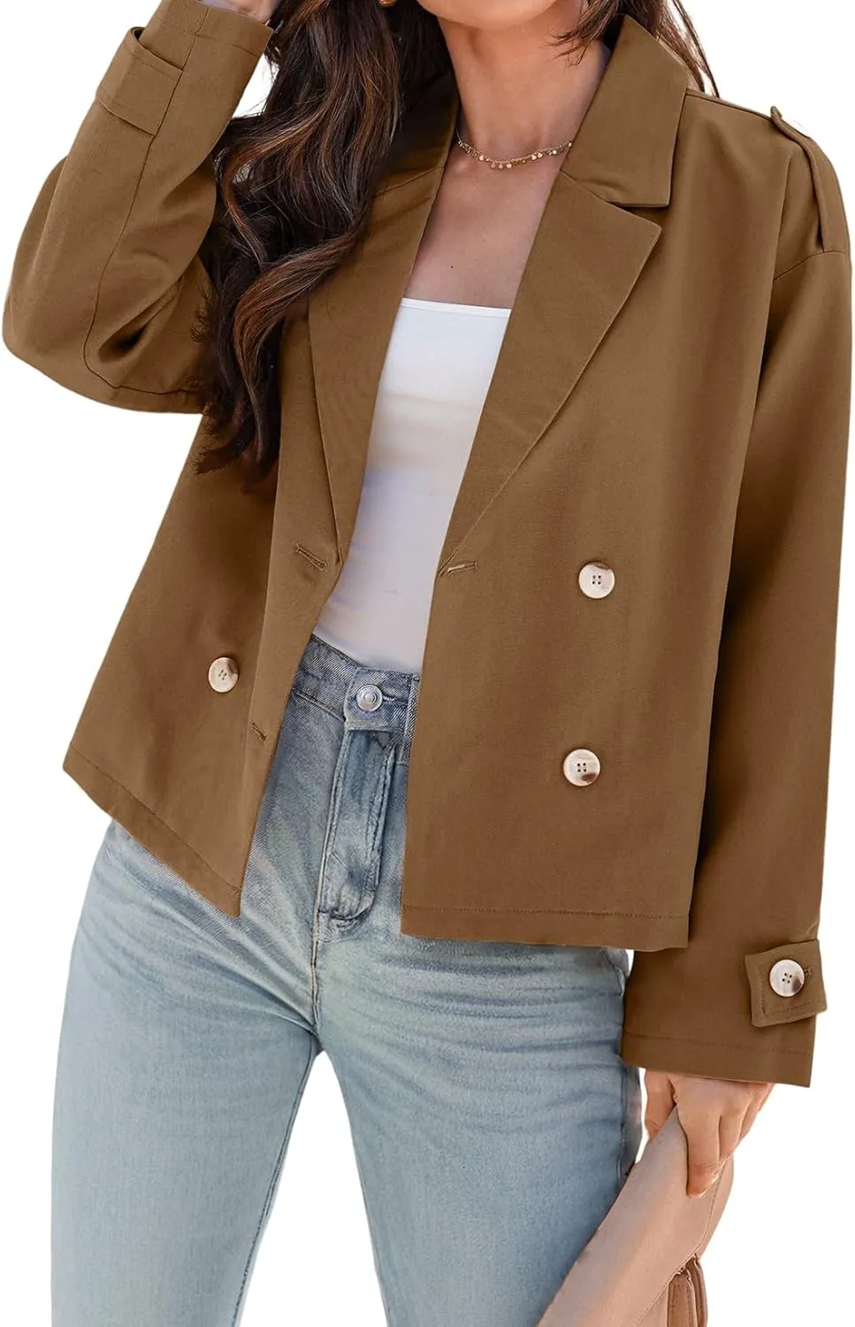 Dokotoo Womens Cropped Trench Coats Double Breasted Blazer Long Sleeve Lapel Casual Jackets Outerwear with Pockets