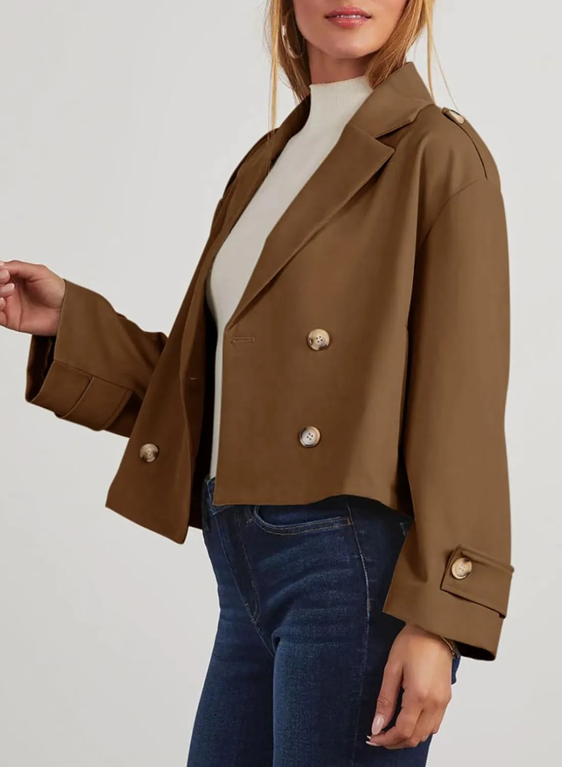 Dokotoo Womens Cropped Trench Coats Double Breasted Blazer Long Sleeve Lapel Casual Jackets Outerwear with Pockets