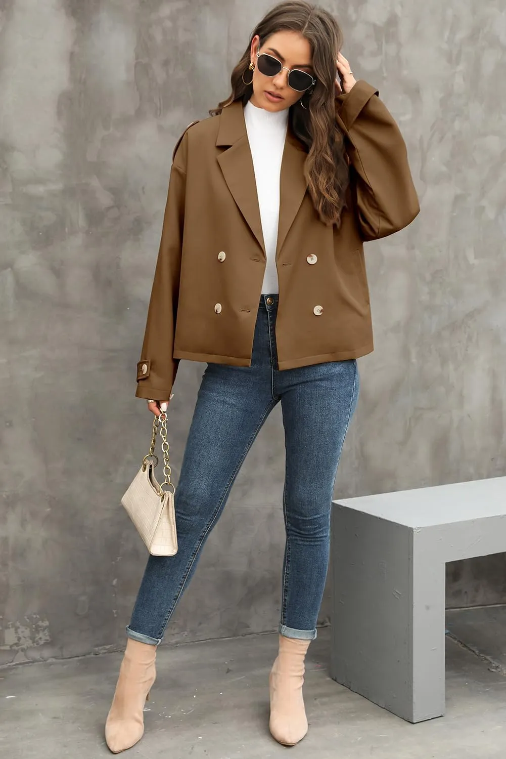 Dokotoo Womens Cropped Trench Coats Double Breasted Blazer Long Sleeve Lapel Casual Jackets Outerwear with Pockets