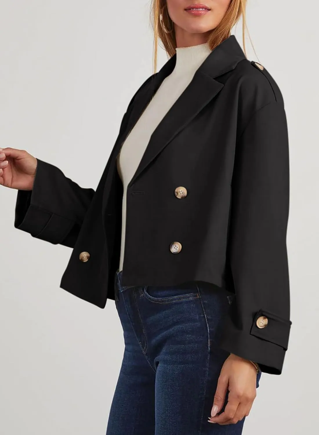 Dokotoo Womens Cropped Trench Coats Double Breasted Blazer Long Sleeve Lapel Casual Jackets Outerwear with Pockets