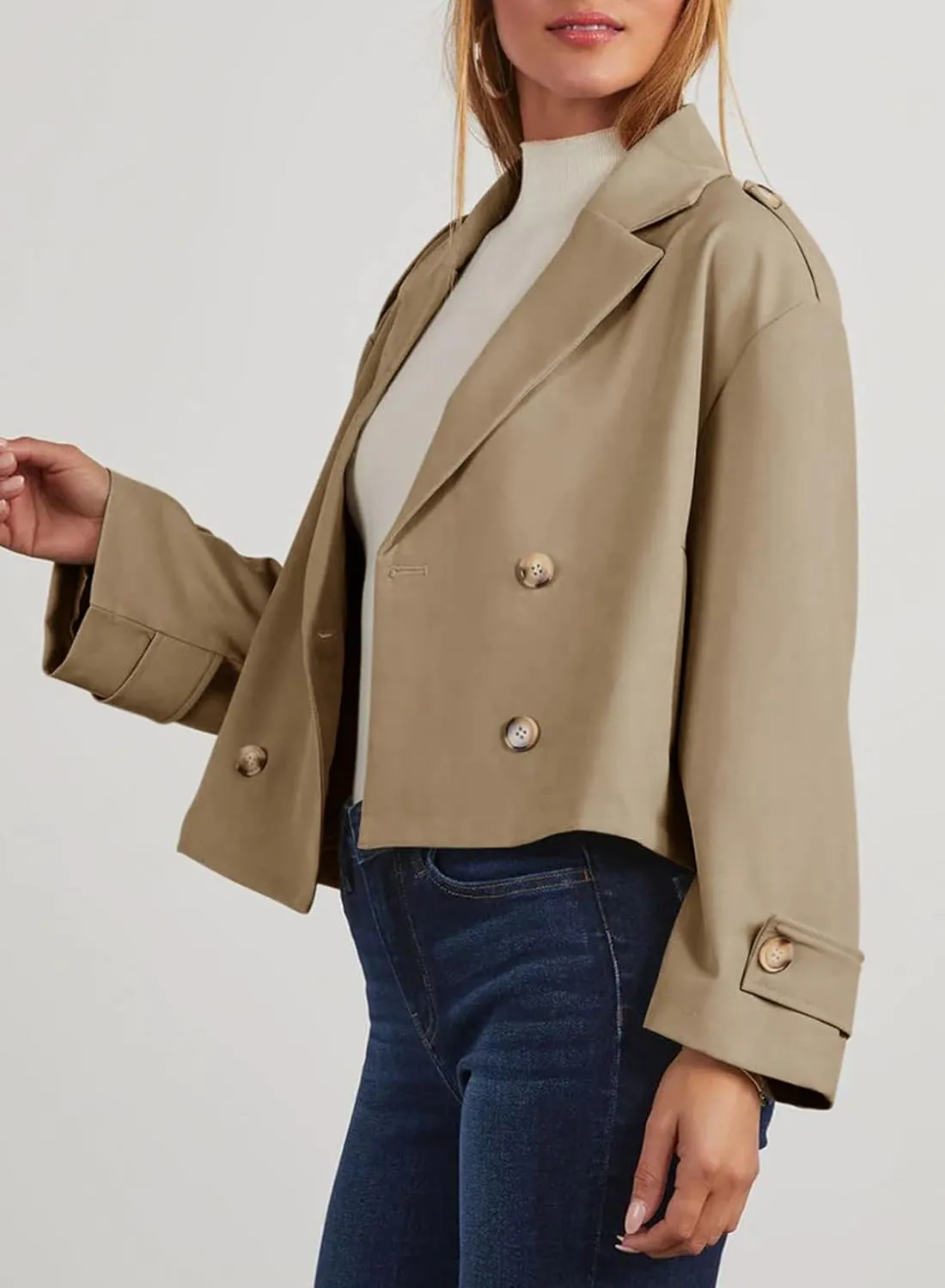 Dokotoo Womens Cropped Trench Coats Double Breasted Blazer Long Sleeve Lapel Casual Jackets Outerwear with Pockets