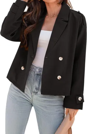 Dokotoo Womens Cropped Trench Coats Double Breasted Blazer Long Sleeve Lapel Casual Jackets Outerwear with Pockets