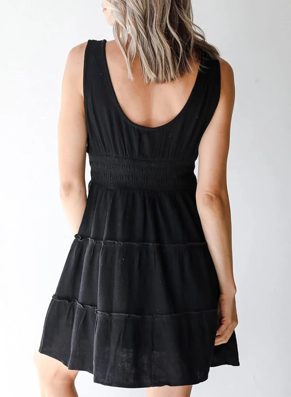 Dokotoo Womens Summer Dresses 2025 Sleeveless Button Down Smocked Empire Waist Ruffle Tiered Casual Swing Mini Dress