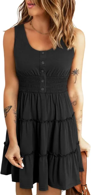Dokotoo Womens Summer Dresses 2025 Sleeveless Button Down Smocked Empire Waist Ruffle Tiered Casual Swing Mini Dress