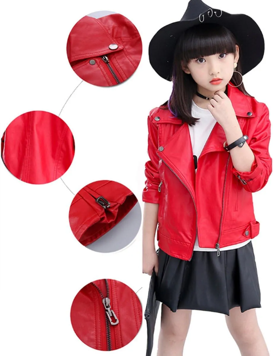 Elife Girls Fashion PU Leather Motorcycle Jacket Children's Outerwear Slim Coat 2-12 Years