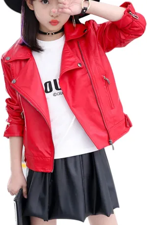 Elife Girls Fashion PU Leather Motorcycle Jacket Children's Outerwear Slim Coat 2-12 Years