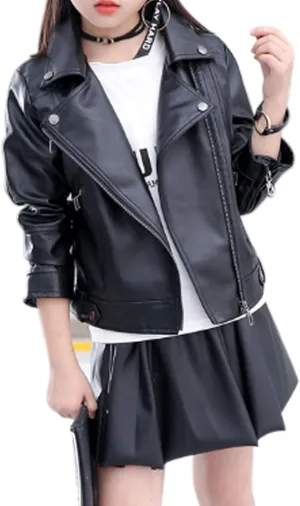 Elife Girls Fashion PU Leather Motorcycle Jacket Children's Outerwear Slim Coat 2-12 Years