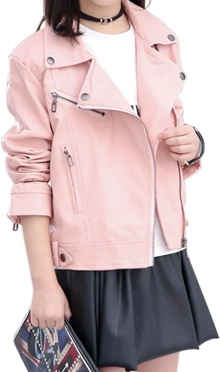 Elife Girls Fashion PU Leather Motorcycle Jacket Children's Outerwear Slim Coat 2-12 Years