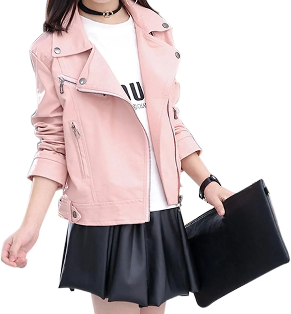 Elife Girls Fashion PU Leather Motorcycle Jacket Children's Outerwear Slim Coat 2-12 Years