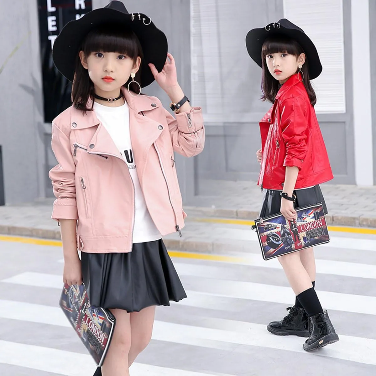 Elife Girls Fashion PU Leather Motorcycle Jacket Children's Outerwear Slim Coat 2-12 Years