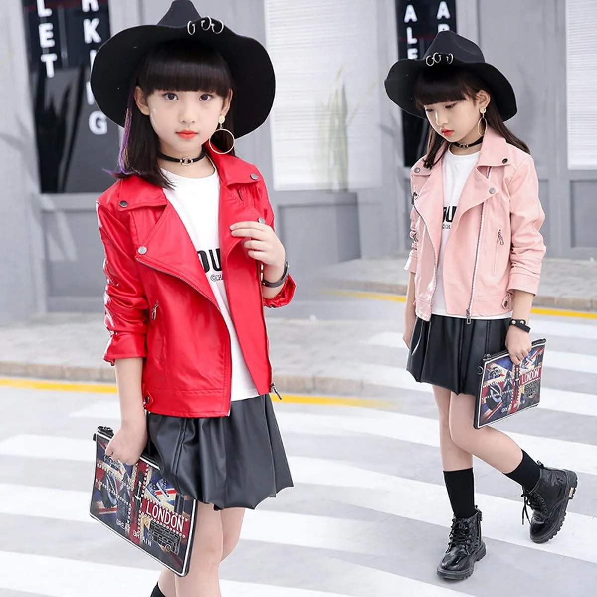 Elife Girls Fashion PU Leather Motorcycle Jacket Children's Outerwear Slim Coat 2-12 Years
