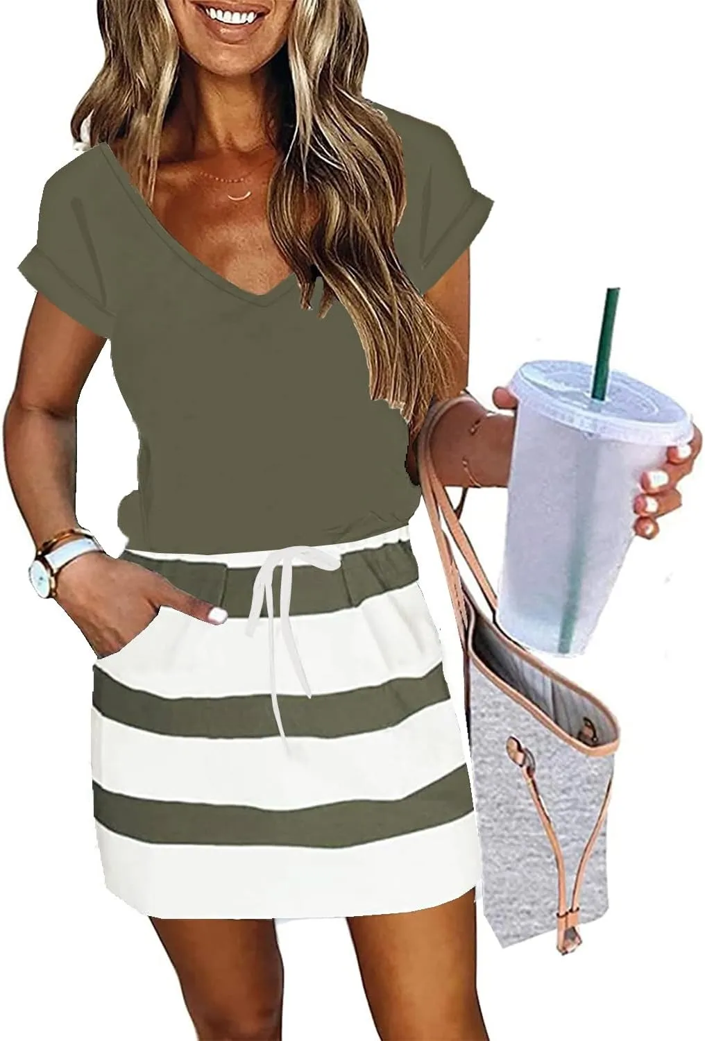 ETCYY NEW Womens Summer Dress Lantern Sleeve Square Neck Tie Front A-Line Double Layer Hem Mini Dresses