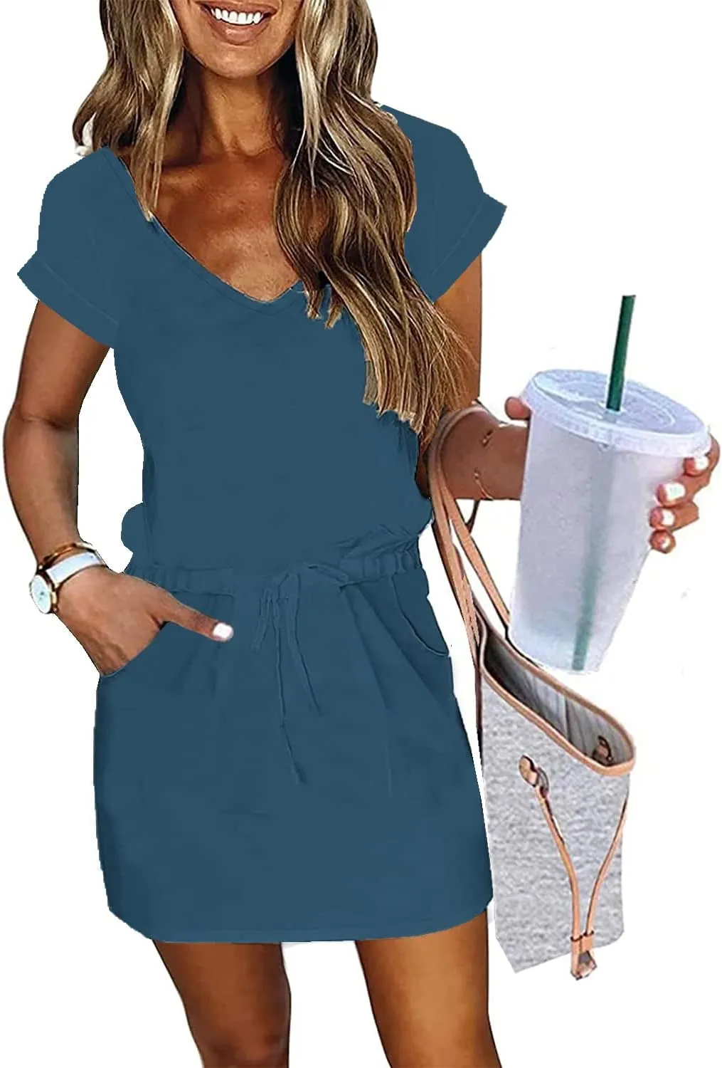 ETCYY NEW Womens Summer Dress Lantern Sleeve Square Neck Tie Front A-Line Double Layer Hem Mini Dresses