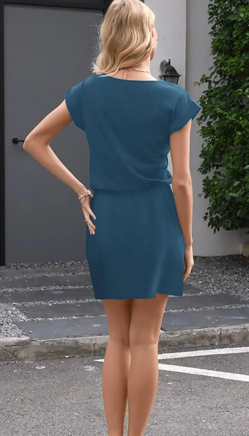 ETCYY NEW Womens Summer Dress Lantern Sleeve Square Neck Tie Front A-Line Double Layer Hem Mini Dresses