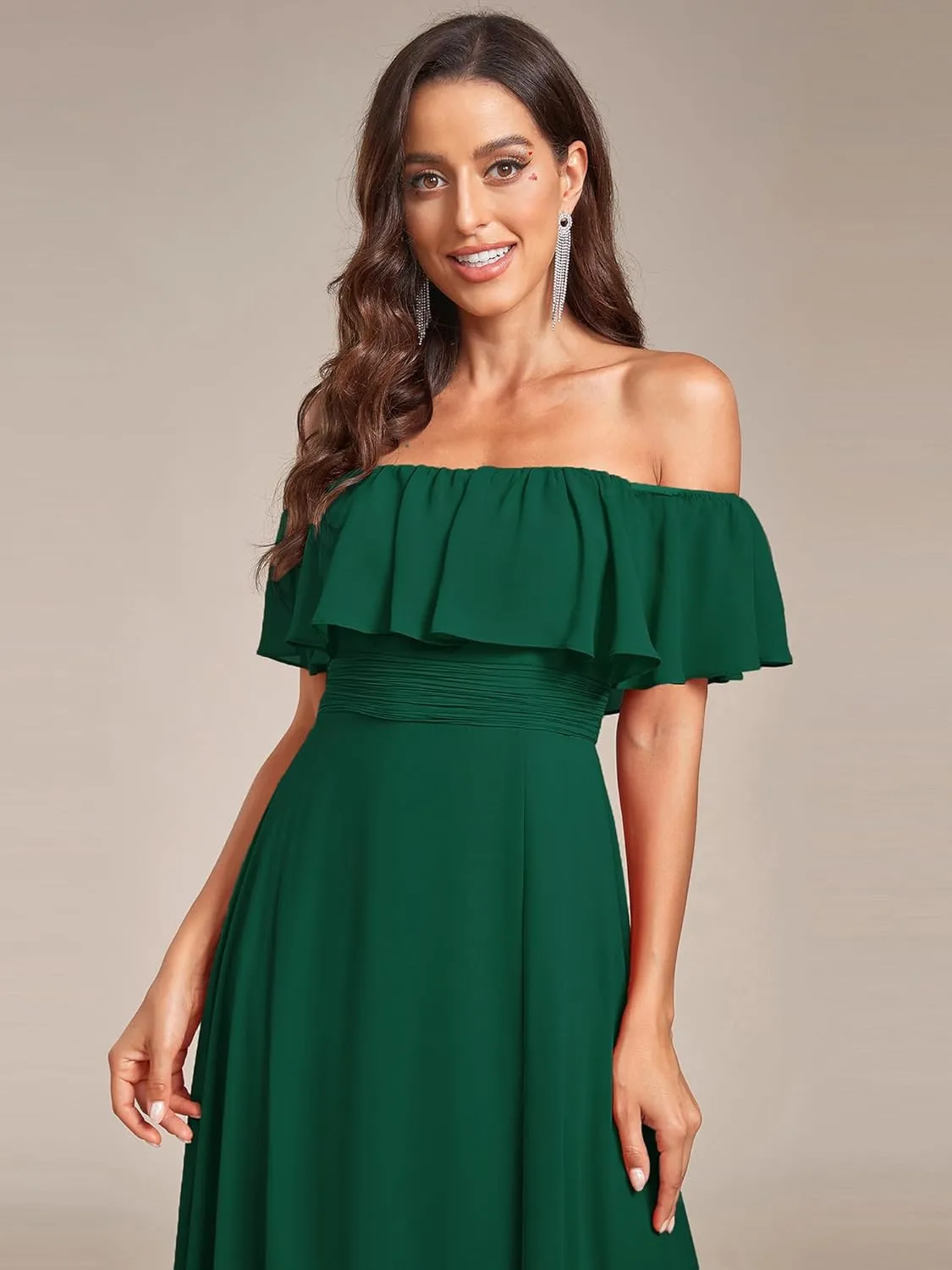 Ever-Pretty Women's Elegant Off The Shoulder Side Split High Waist Flowy Chiffon Maxi Bridesmaid Dress 00968