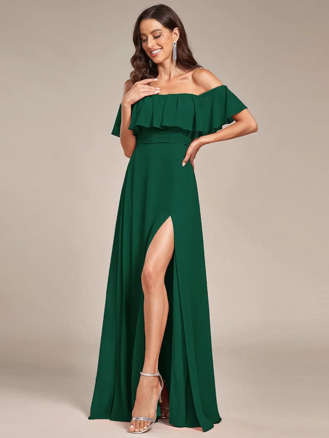 Ever-Pretty Women's Elegant Off The Shoulder Side Split High Waist Flowy Chiffon Maxi Bridesmaid Dress 00968