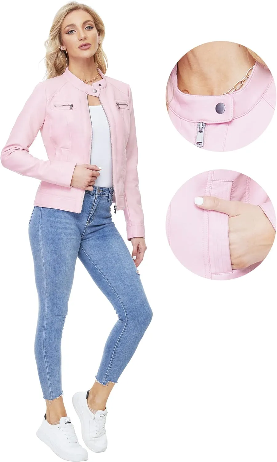 Fahsyee Zip Leather Jackets for Women Motorcycle Faux PU Moto Biker Outwear Coat