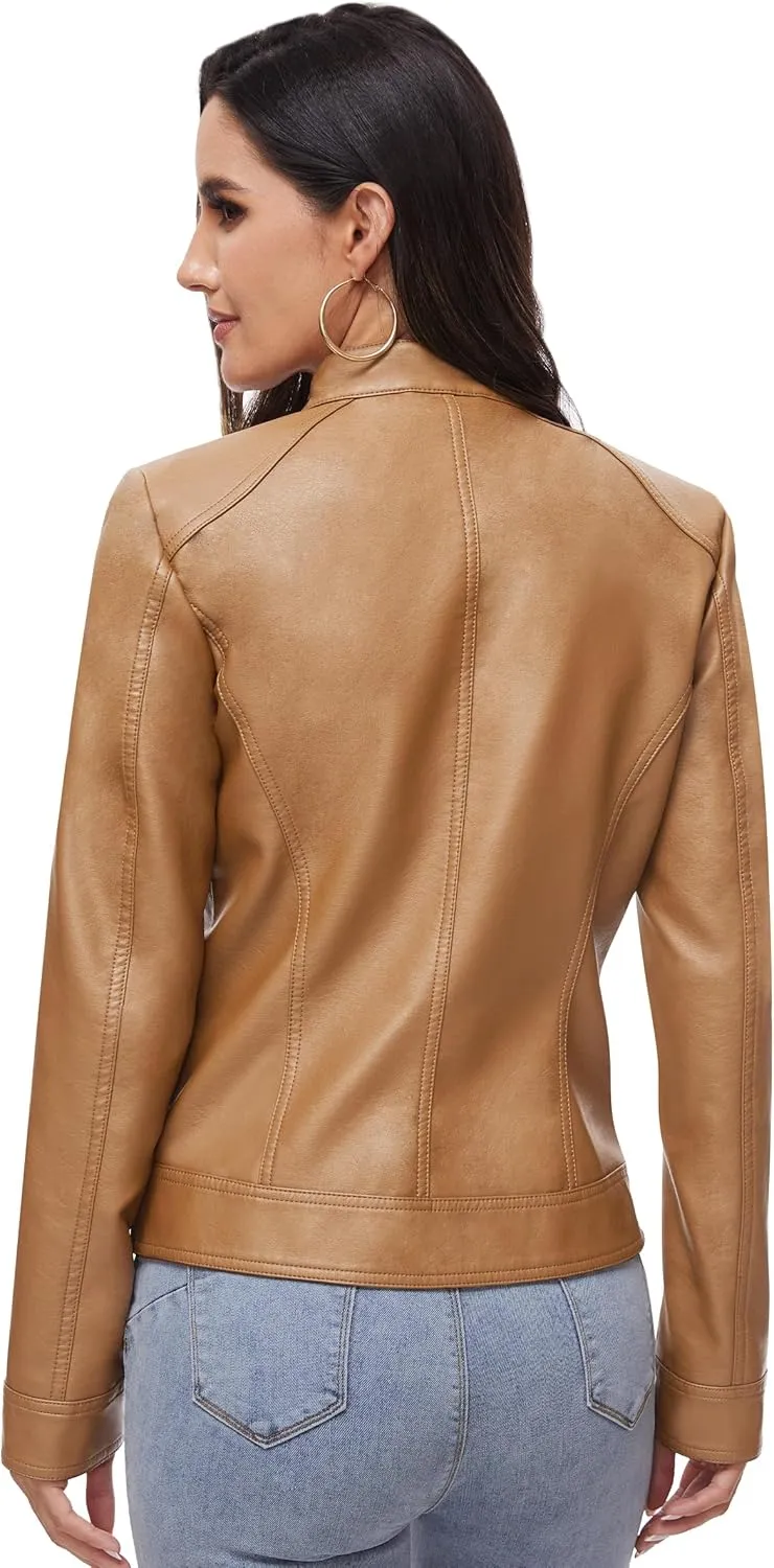 Fahsyee Zip Leather Jackets for Women Motorcycle Faux PU Moto Biker Outwear Coat