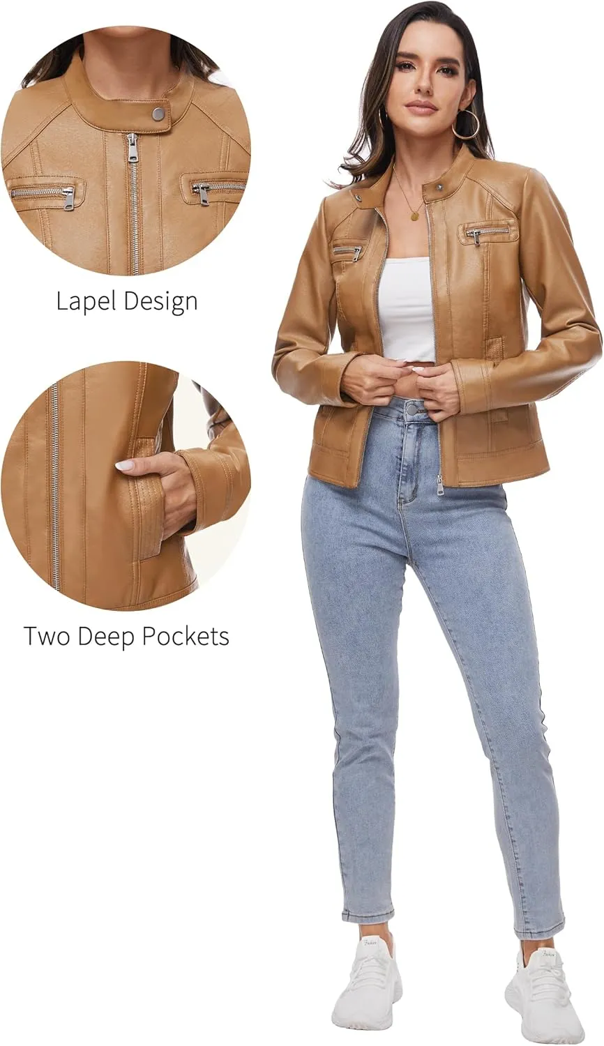 Fahsyee Zip Leather Jackets for Women Motorcycle Faux PU Moto Biker Outwear Coat