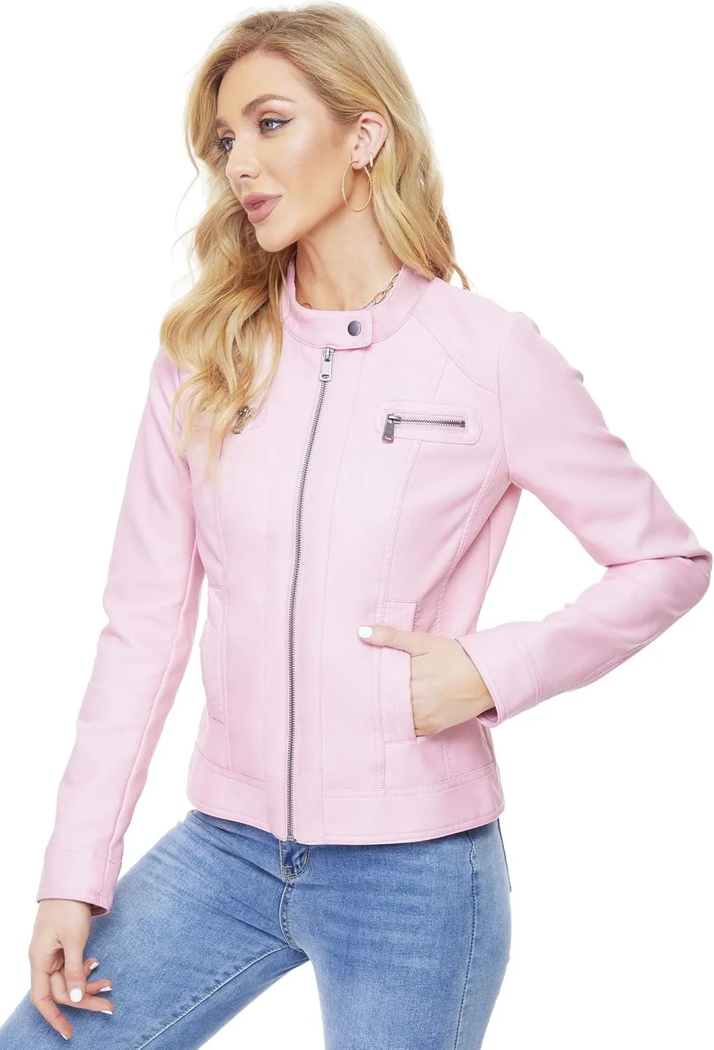 Fahsyee Zip Leather Jackets for Women Motorcycle Faux PU Moto Biker Outwear Coat