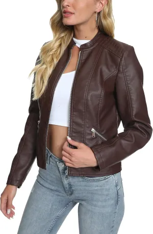 Fahsyee Zip Leather Jackets for Women Motorcycle Faux PU Moto Biker Outwear Coat