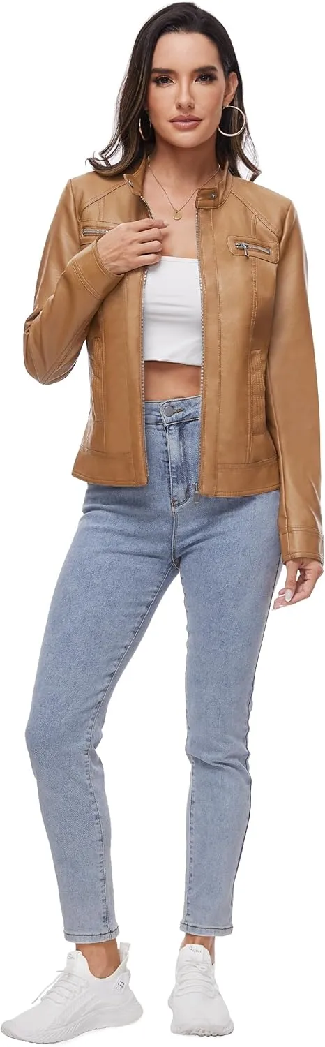 Fahsyee Zip Leather Jackets for Women Motorcycle Faux PU Moto Biker Outwear Coat