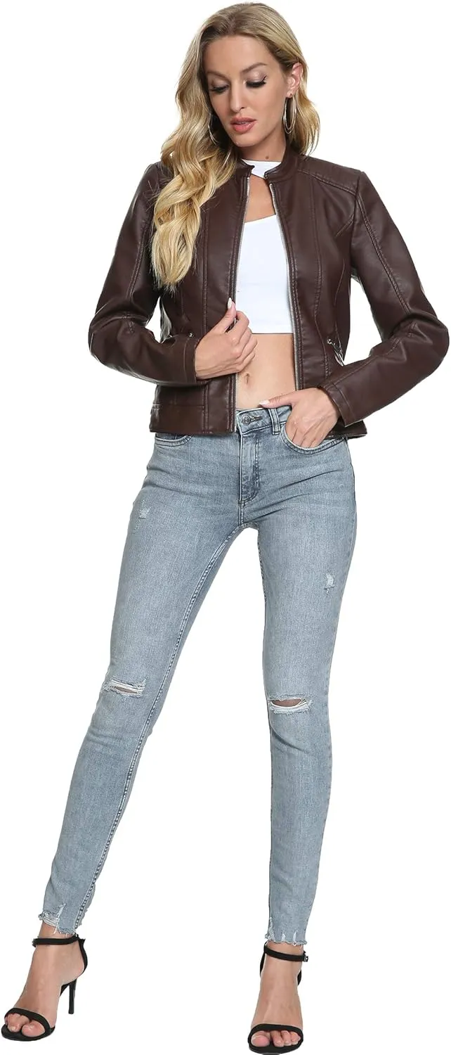 Fahsyee Zip Leather Jackets for Women Motorcycle Faux PU Moto Biker Outwear Coat