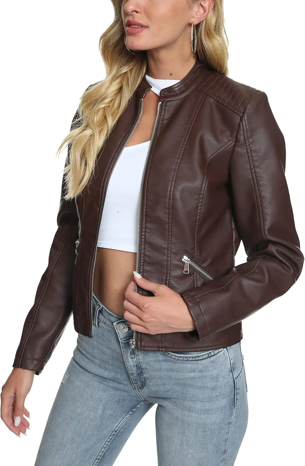 Fahsyee Zip Leather Jackets for Women Motorcycle Faux PU Moto Biker Outwear Coat