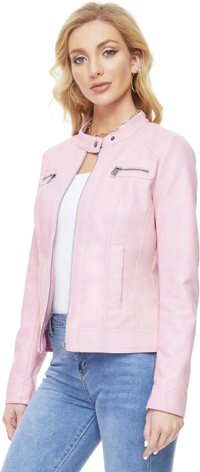 Fahsyee Zip Leather Jackets for Women Motorcycle Faux PU Moto Biker Outwear Coat