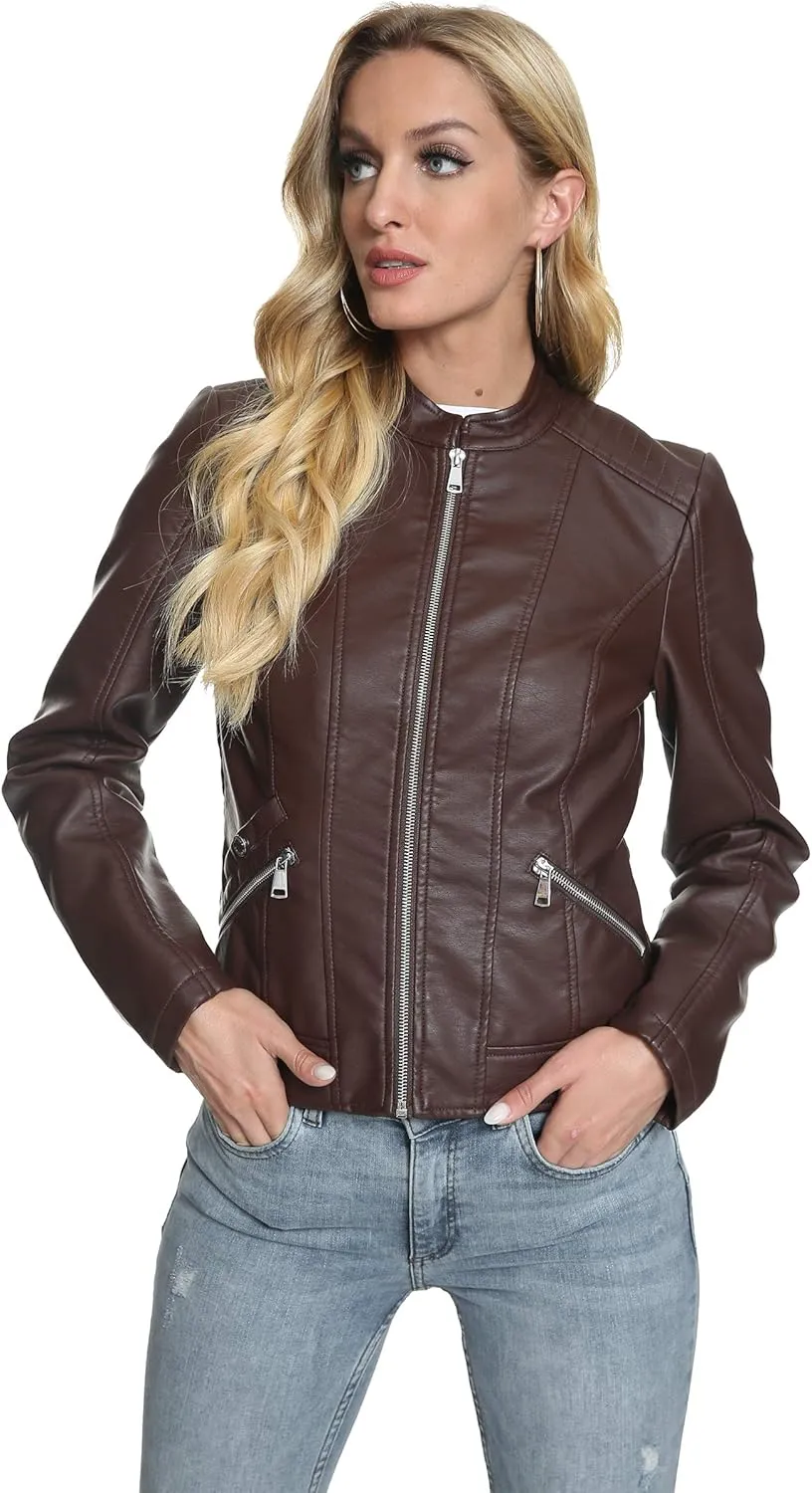 Fahsyee Zip Leather Jackets for Women Motorcycle Faux PU Moto Biker Outwear Coat