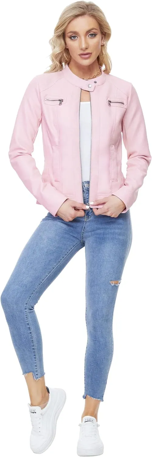 Fahsyee Zip Leather Jackets for Women Motorcycle Faux PU Moto Biker Outwear Coat