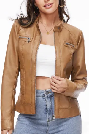 Fahsyee Zip Leather Jackets for Women Motorcycle Faux PU Moto Biker Outwear Coat