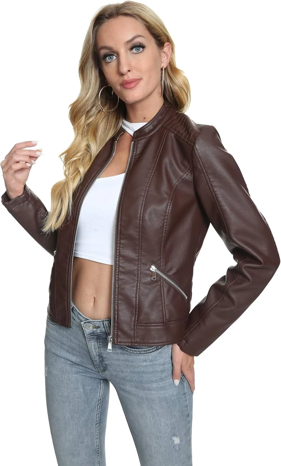 Fahsyee Zip Leather Jackets for Women Motorcycle Faux PU Moto Biker Outwear Coat