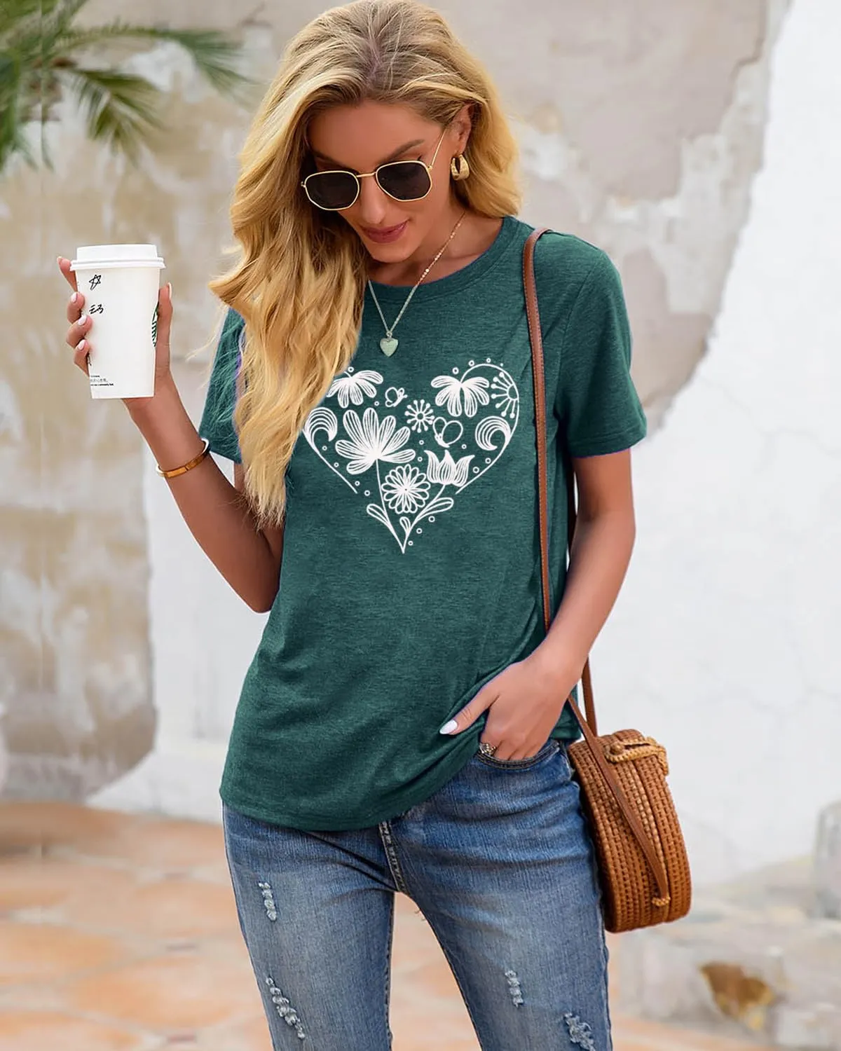 Flower Tshirts Shirts for Women Cute Dandelion Tshirt Casual Short Sleeve Wildflower Floral Heart Print Graphic Tee Tops