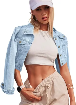 Grabsa Women's Button Down Long Sleeve Cropped Denim Jean Jacket with Pockets