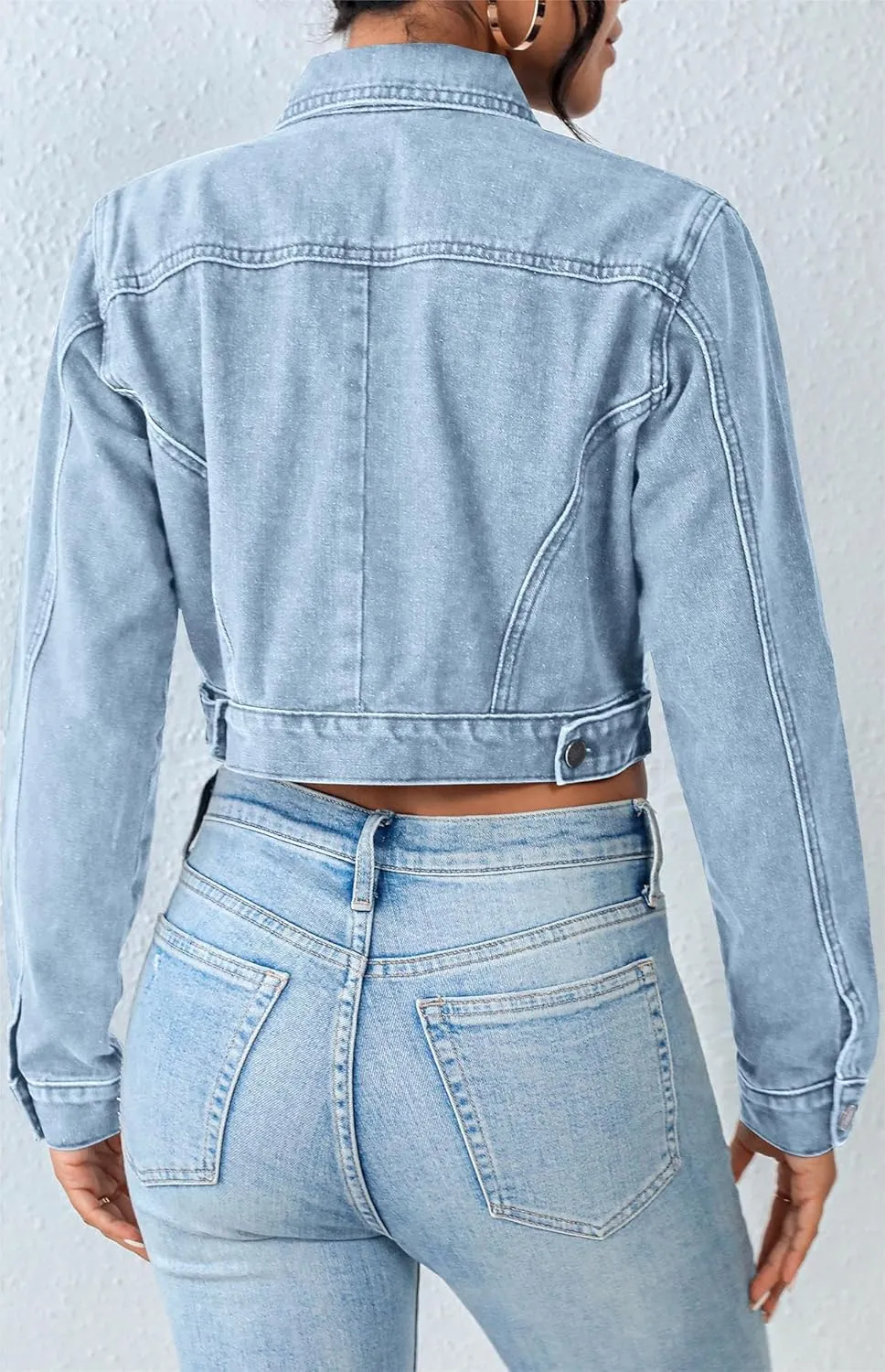 Grabsa Women's Button Down Long Sleeve Cropped Denim Jean Jacket with Pockets